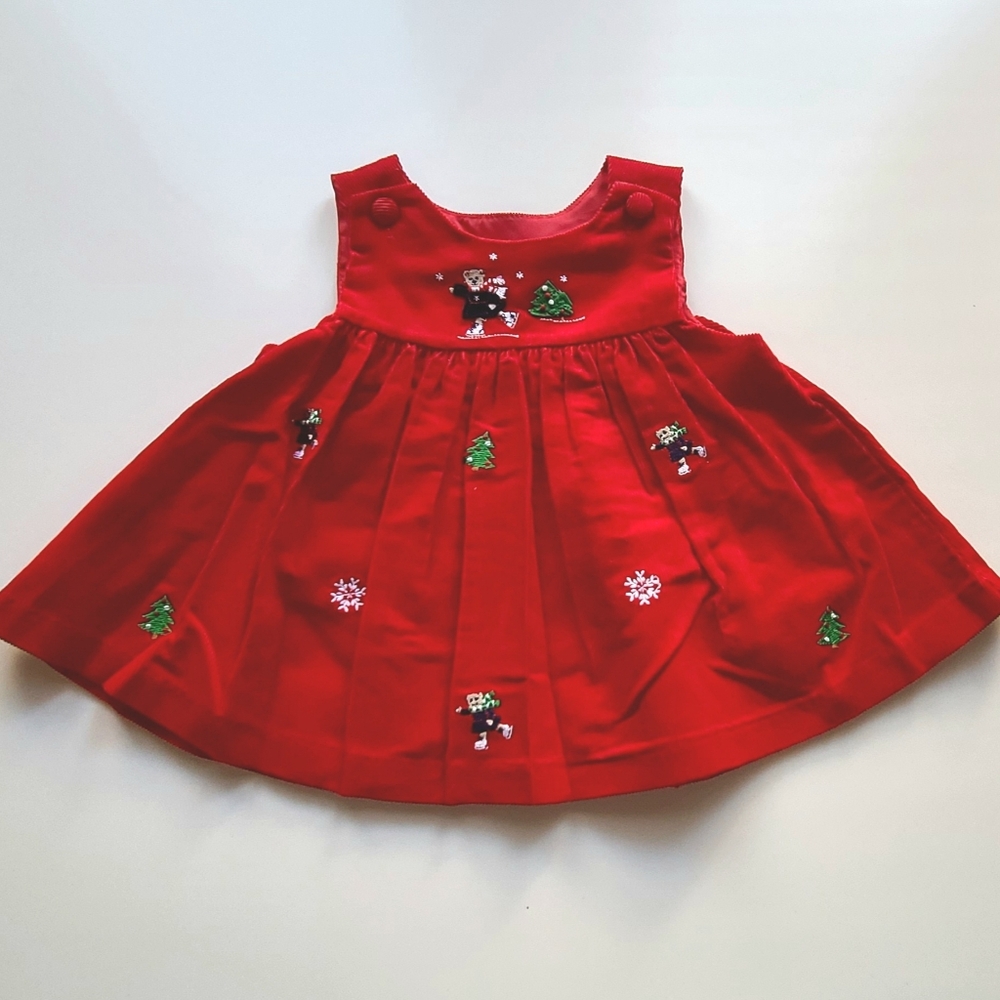 ~Vintage~Y2K Red Corduroy Jumper Dress Cotton Embroidered Bears 3/6 M Christmas